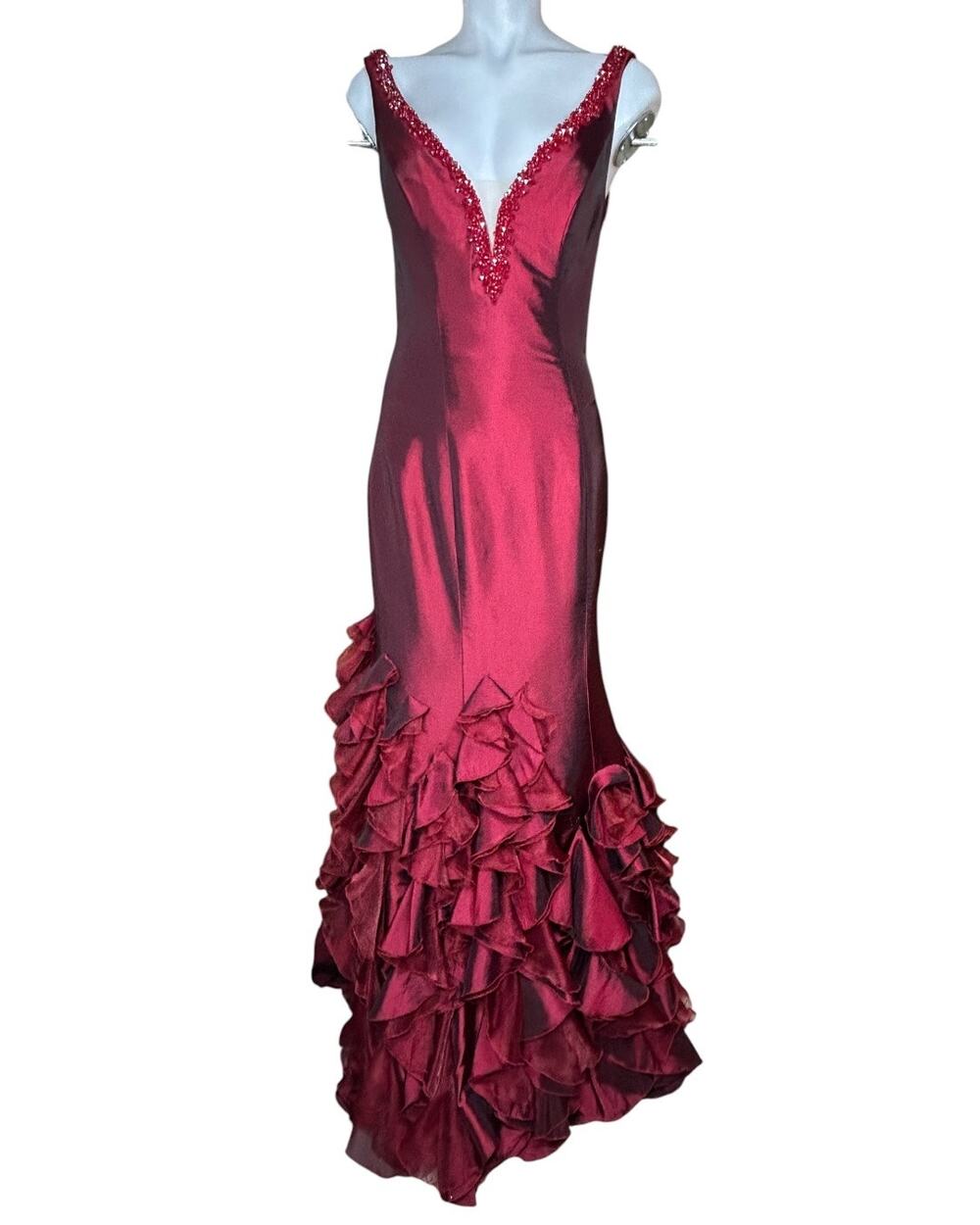 Tiffany Designs Burgundy Beaded Ruffle Mermaid Formal Gown Size 10
